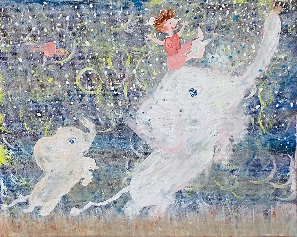 ゾウの親子と少年