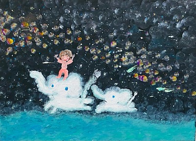 ゾウの親子と遊ぶ少年